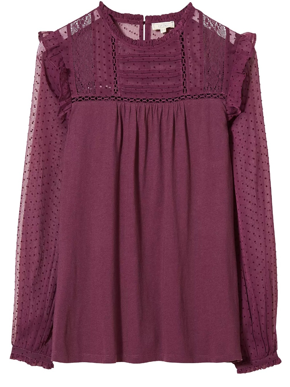 Fat Face Lottie Dot Blouse Plum Sz 6 Sheer Panel Polka Dot Purple Lace